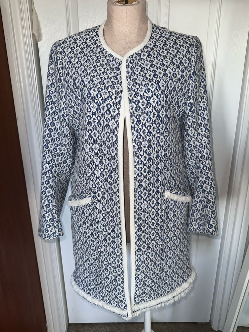 Textured Open Front Coatigan in Blue and White